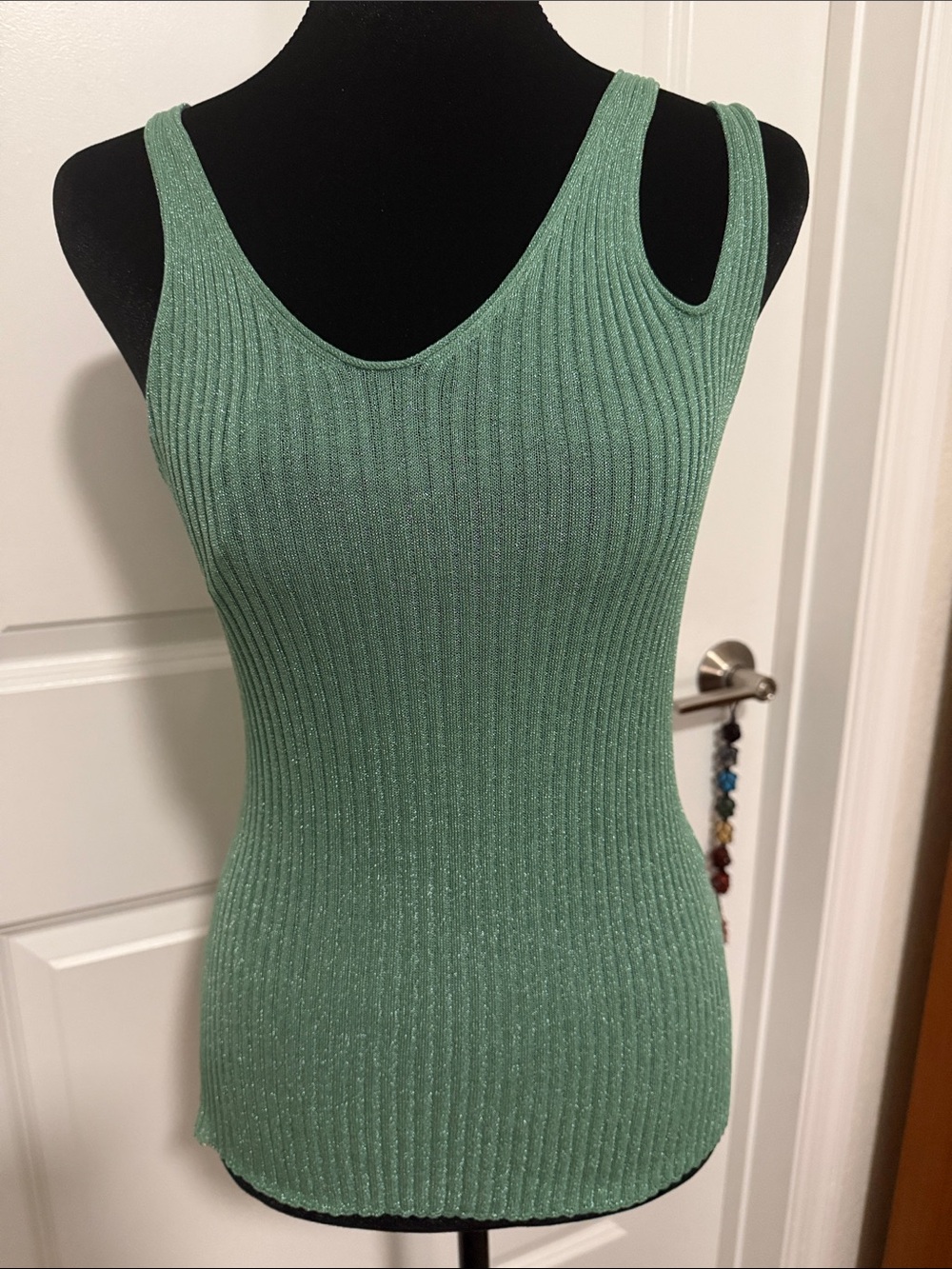 Jonathan Simkhai Saga Metallic Rib Tank Top Seafoam Green Cutout Size L